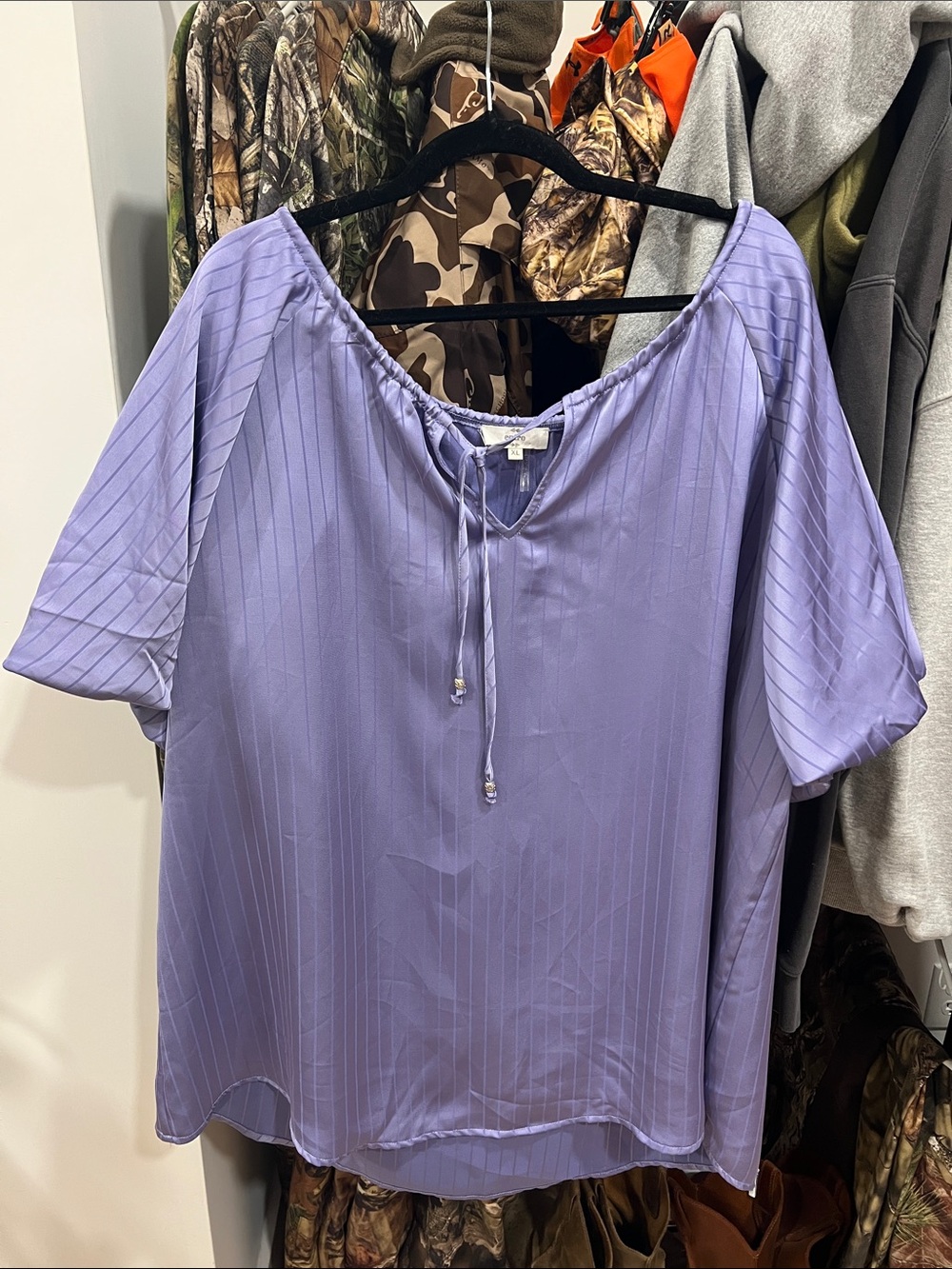 entro Lavender Tie-Neck Pinstripe Blouse